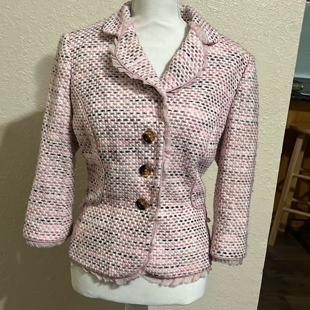 Tweed Blazer/jacket combination color mainly pink, faux pockets, lace detailing